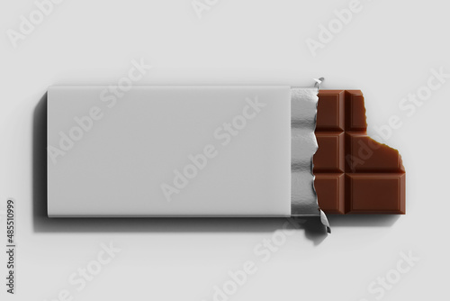 bitten delicious dark chocolate sweet candy bar food product packaging with silver foil realistic mockup top view