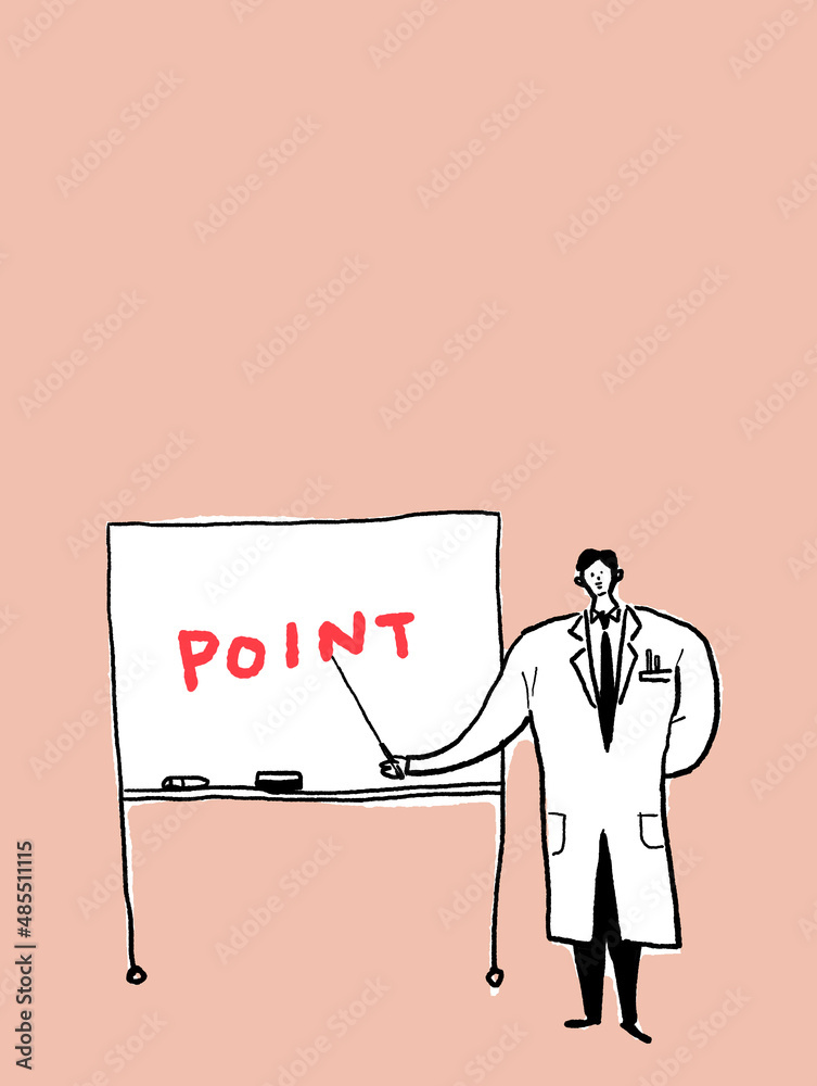 Obraz premium ホワイトボードを指す白衣姿の男性(縦、下中央配置、背景ピンク)