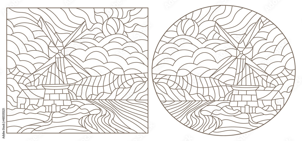 A set of contour illustrations in the style of stained glass with windmills, dark contours on a white background A set of contour illustrations in the style of stained glass with windmills, dark contours on a white background
