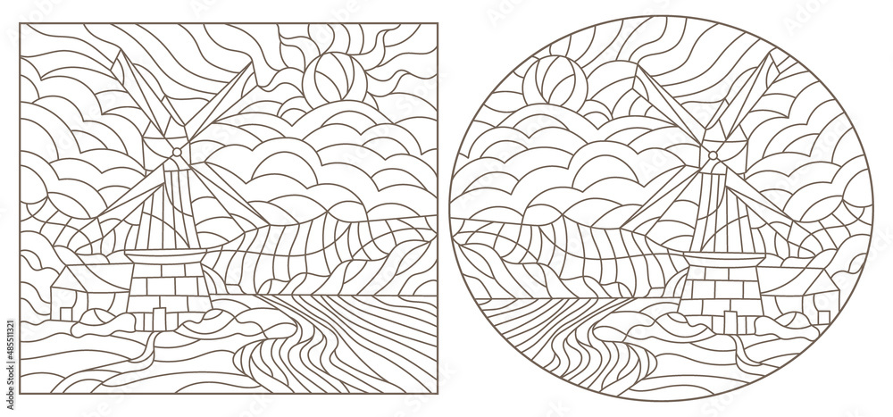 A set of contour illustrations in the style of stained glass with windmills, dark contours on a white background