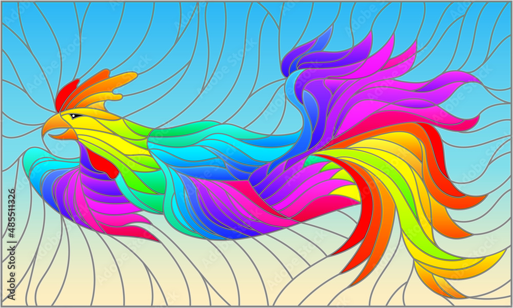 Obraz premium Stained glass illustration with an abstract rooster on a blue background, rectangular image