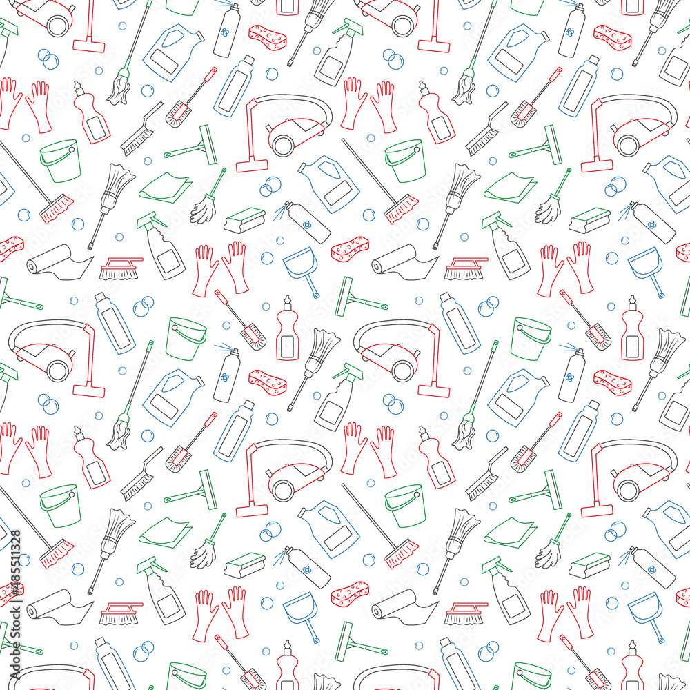Seamless pattern on the theme of cleaning and household equipment and cleaning products, simple colored contour icons on white background Seamless pattern on the theme of cleaning and household equipment and cleaning products, simple colored contour icons on white background