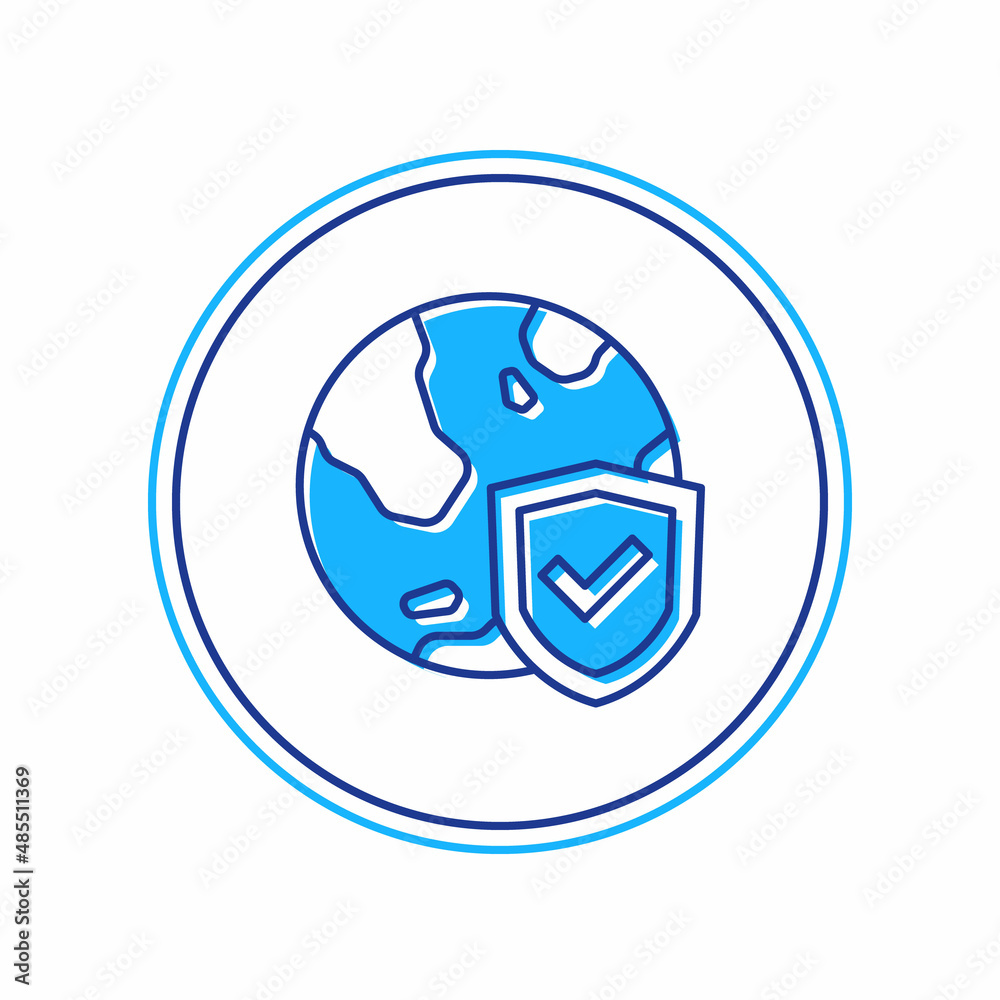Filled outline Shield with world globe icon isolated on white background. Insurance concept. Security, safety, protection, privacy concept. Vector Filled outline Shield with world globe icon isolated on white background. Insurance concept. Security, safety, protection, privacy concept. Vector