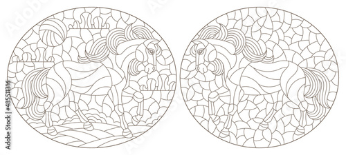 Set of contour illustrations in the stained glass style with horses on a landscape background, dark contours on a white background, rectangular images
