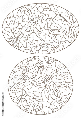 A set of contour illustrations of stained glass windows with birds on tree branches, dark outlines on a white background