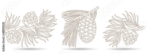 A set of contour illustrations in the style of stained glass with fir cones, isolated on a white background