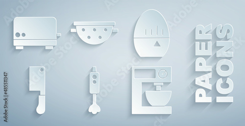Set Blender, Kitchen timer, Meat chopper, Electric mixer, colander and Toaster icon. Vector
