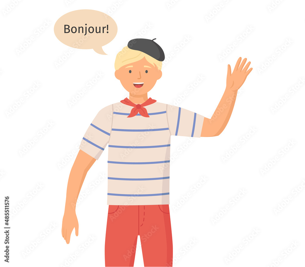 Different nations representatives waving hand. Young nice french man in casual clothes say hello. Character flap his hand friendly isolated on white. Guy waving hand saying hi, makes greeting gesture Different nations representatives waving hand. Young nice french man in casual clothes say hello. Character flap his hand friendly isolated on white. Guy waving hand saying hi, makes greeting gesture