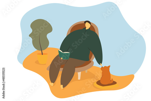 A man reading book in his room with his dog and plant. Flat simple design.