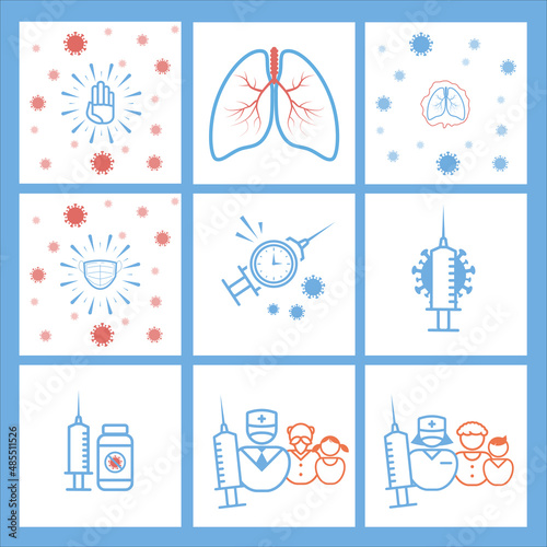 Set of covid simbols and icons. Blue and pink colors.