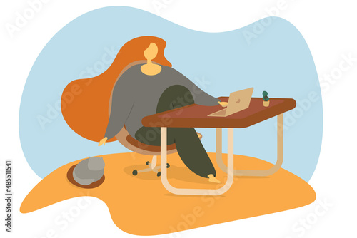 A woman working at her desk at home with a cat. Long hear. Flat simple design.