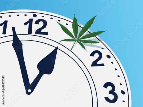 Hemp leaf on the clock face. Time for medical cannabis.