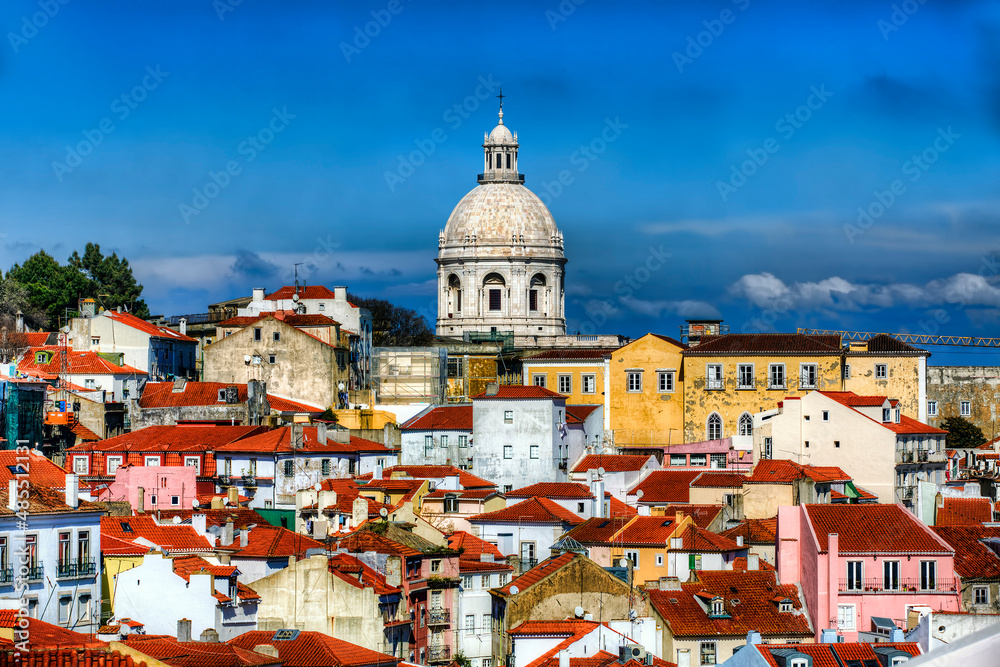 Buildings in Alfama, Lisbon, Portugal, Dominated by the Dome of the Church of Santa Engracia (The National Pantheon)