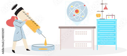 Scientist conducts scientific researches, virology in lab, holding vaccine, syringe and wearing medical suit. Coronavirus vaccine complete development. Medicines for treatment, doctor with injection