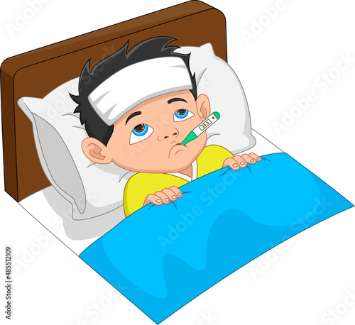 cartoon sick boy with high temperature
