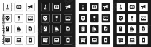 Set Megaphone, Microphone, Drama theatrical mask, Movie trophy, Music wave equalizer, Retro audio cassette tape, MOV file document and Backstage icon. Vector