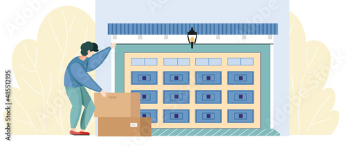 Gates with lifting mechanism, place for automobile parking. Man chooses modern building with automatic door to store things and boxes. Male character putting unwanted old junk in garage for storing