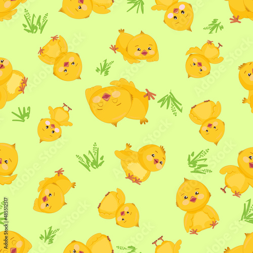 Vector seamless pattern with cute yellow chickens, young green grass.