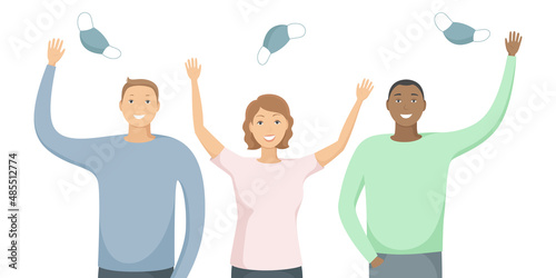 People toss up masks. Quarantine cancellation. Vector illustration.