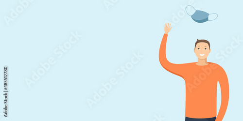Man toss up medical mask. Quarantine cancellation. Vector illustration.