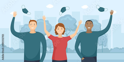 People toss up medical masks. Pandemic ending. Vector illustration.