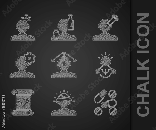 Set Hypnosis, Concussion, headache, Medicine pill or tablet, Psychology, book, Solution problem psychology, Addiction to the drug and Dreams icon. Vector