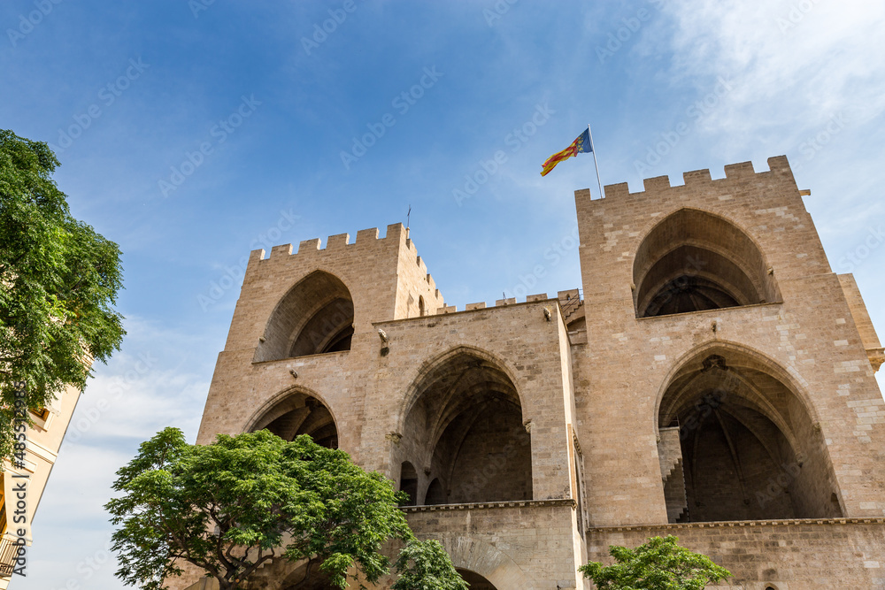 South facade of the city gate “Torres de Serranos” in Valencia, Spain, Europe