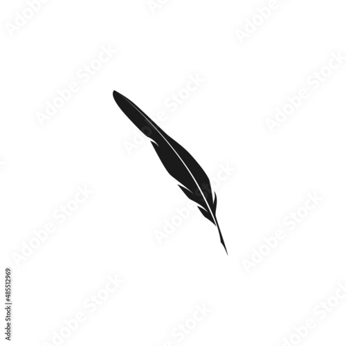 Black curved feather silhouette. Flat vector icon isolated on white. Writing symbol. Quill sign. Creativity sign. Creative idea symbol.