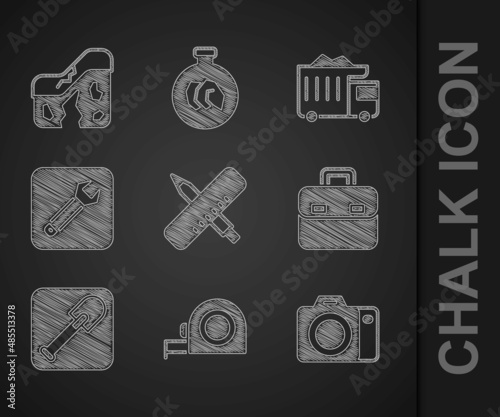 Set Crossed ruler and pencil, Roulette construction, Photo camera, Briefcase, Shovel, Wrench spanner, Mining dump truck and Geological fault icon. Vector
