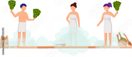 Sauna and steam room. Set of people in sauna. People relax and steam with birch brooms in traditional russian stove for female and male. Finnish bathhouse. Public sauna, Friends in spa resort