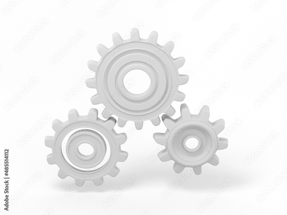 White mono color gears on a white solid background. Minimalistic design object. 3d rendering icon ui ux interface element. White mono color gears on a white solid background. Minimalistic design object. 3d rendering icon ui ux interface element.