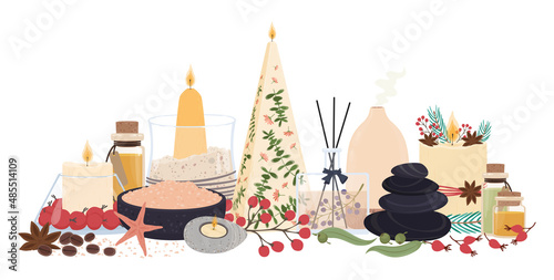Aromatherapy elements for relaxation. Decorative burning wax candles for treatment or meditation. Essential oils, stones and mineral salt for spa or aromatic massage vector illustration
