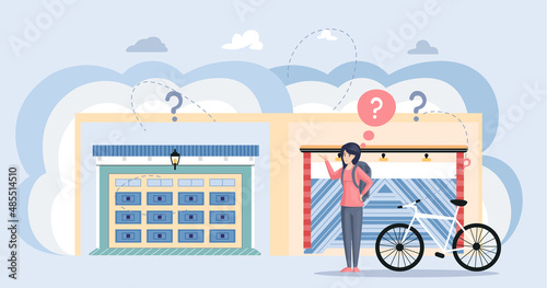 Selection of vehicle storage space, place for transport storing inside house. Gates with lifting mechanism in garage for bicycles parking. Woman looking for garage to park her bike vector illsutration