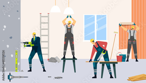 Professional construction workers doing renovation in apartment. Repairmen team wallpapering room, changing lamp. Builders with equipment for restoration vector. Characters with saw, power drill