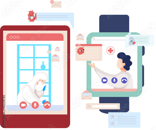 Online doctor conference, consultation via your smartphone. Concept for medical app and websites. Remote meetings of scientists conferring on fight against viruses and scientific researches