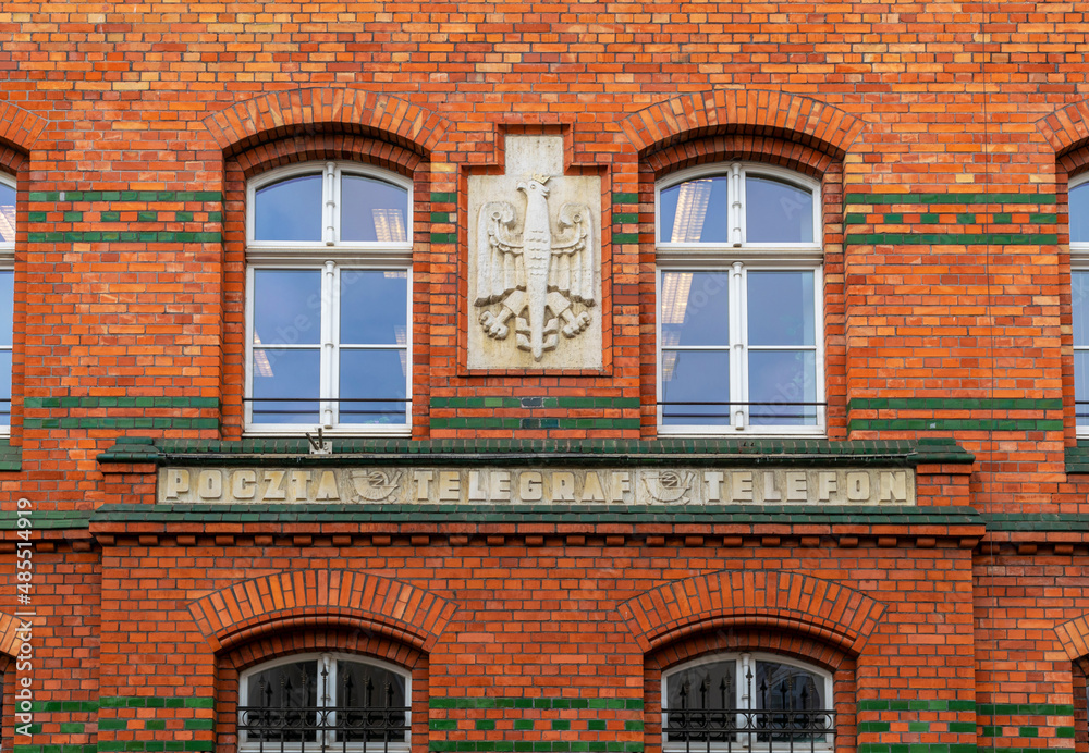 Brick facade of the old post office building in Sopot, Poland