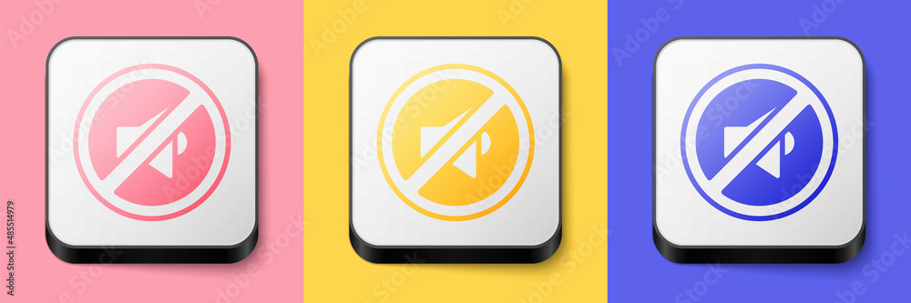 Isometric Speaker mute icon isolated on pink, yellow and blue background. No sound icon. Volume Off symbol. Square button. Vector Isometric Speaker mute icon isolated on pink, yellow and blue background. No sound icon. Volume Off symbol. Square button. Vector