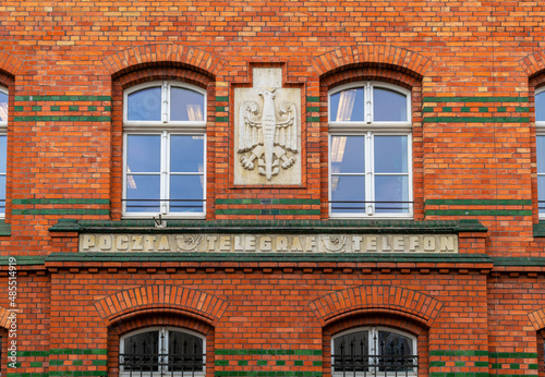 Brick facade of the old post office building in Sopot, Poland