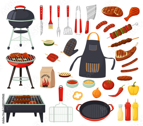Cartoon barbecue equipment for picnic. Summer grill party elements, cooking tools and utensils. Grilled meat steaks, sausages and vegetables, bottles with sauces isolated vector set