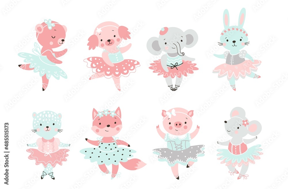 Ballerina animal. Elephant and mouse ballet dancer, fairy bunny and fox in  tutu. Cute dance characters for baby clipart, little cartoon childish  nowaday vector set Stock Vector | Adobe Stock