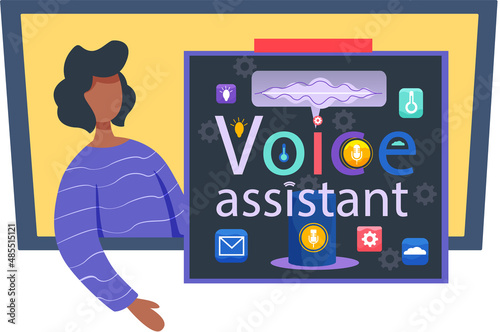 Voice assistant software agent perform tasks for user. Speaker recognition, vote controlled smart speaker. Woman voice activated digital assistants, identification. Virtual assistant, sound robot