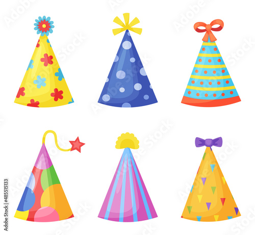 Colored hats for birthday party celebration. Decorative funny dressing for holiday or carnival. Festive caps with flowers, bows and stars for kids entertainment vector set. Bright accessory.