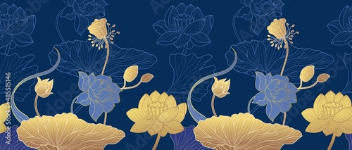 Line gold floral background. Art ornate plants, golden exotic asian flowers seamless pattern. Luxury leaf and lotus, blue oriental stylish nowaday vector banner