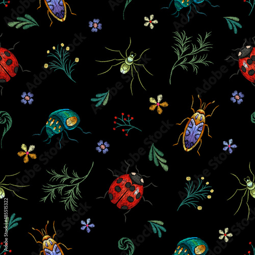 Insect pattern. Garden embroidery branch and beetle, silk stitch vintage ethnic seamless texture. Flowers and spider, ladybug. Nowaday vector design for textile