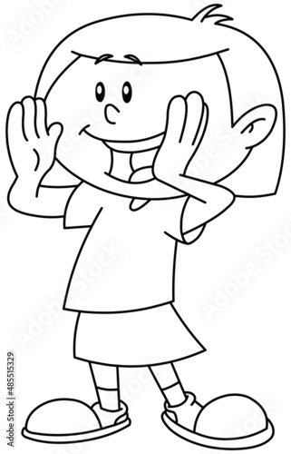 Outlined young girl calling someone circling her hands around her mouth, Vector line art illustration coloring page.