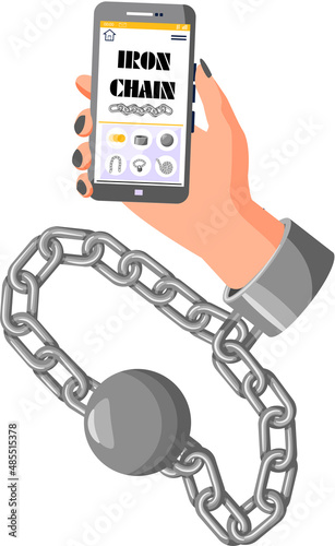 Modern internet and social networks addiction metaphor. Iron chain on smartphone screen, dominance of gadgets. Flat vector concept social media and internet nomophobia and digital detox illustration