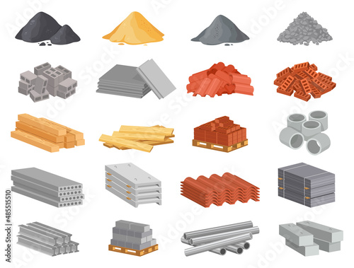 Cartoon construction building materials. Piles of sand, cement and stones. Red brick stacks, wooden planks and metal roof elements for house building industry and renovation vector set