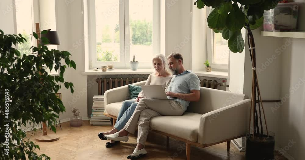 In cozy light living room senior spouses sit on sofa using laptop, make order through distancing electronic online services. Older generation and modern wireless tech usage, e-commerce clients concept In cozy light living room senior spouses sit on sofa using laptop, make order through distancing electronic online services. Older generation and modern wireless tech usage, e-commerce clients concept
