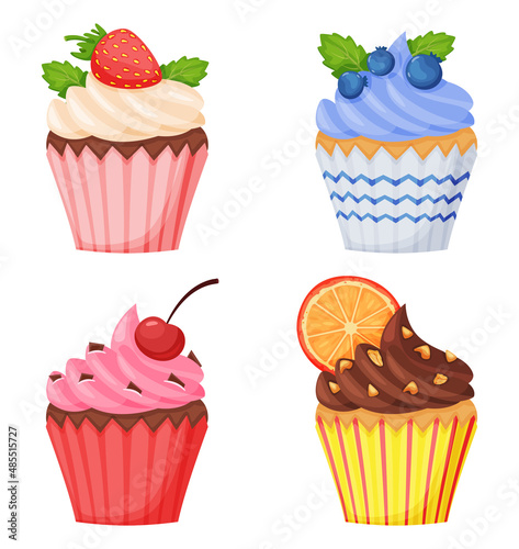 Cartoon cupcakes with different taste. Vanilla and chocolate muffins with different topping as strawberry, blueberry, cherry and orange decor. Yummy pastry food for party celebration vector set