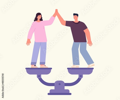Gender equality concept. Woman and man give five, happy business people. No gap, male and female friendship or partnership. Vector people stand on scales